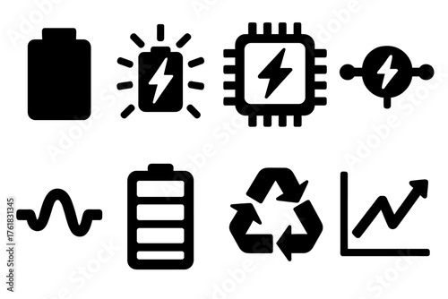 Battery Innovation silhouette set: battery silhouette, glowing charge, microchip, electric node, current flow, energy bar, recycling symbol, voltage graph. , , High resolution,