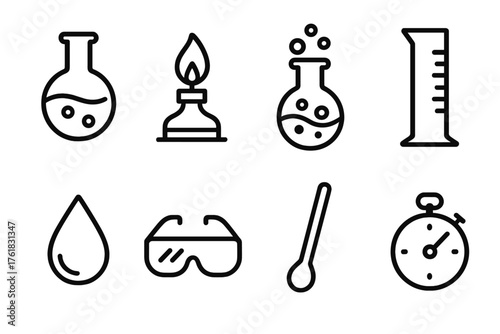Chemical Experiments outline icon set: flask set, burner flame, reaction bubbles, measuring cylinder, droplet icon, safety goggles, mixing rod, timer.