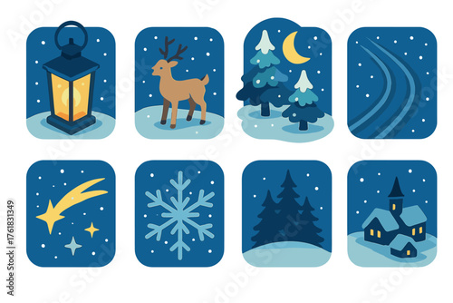 Christmas Snow — Magical night flat isometric set: glowing lantern, reindeer in snow, moonlit trees, sleigh tracks, shooting star, snow sparkle, forest silhouette, quiet village.