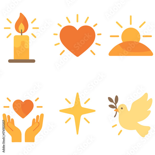 Winter Warmth — Gentle light flat icons: radiant candle, glowing heart, rising sun, open hands, shining star, dove of peace, soft flame, warm glow.