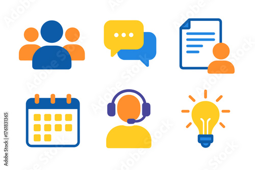 Team Collaboration flat icons: people icons, chat bubbles, shared document, calendar, headset, light bulb.