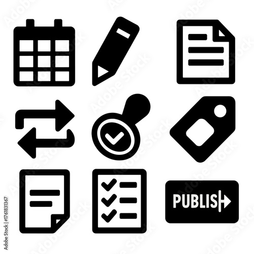 Editorial Planning silhouette set: calendar grid, pencil icon, article page, topic tag, workflow arrows, approval stamp, checklist paper, publish button.