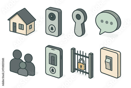 Home Intercom set icons in modern isometric flat vector style: house, doorbell camera, keyhole, voice bubble, family silhouettes, smartphone app, locked gate, light switch.