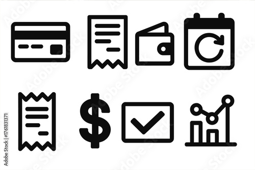 Billing & Payments silhouette set: credit card, invoice paper, wallet, calendar renewal, receipt slip, dollar symbol, payment checkmark, balance chart.