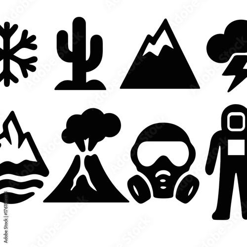 Extreme Conditions silhouette set: snowflake, desert cactus, mountain peak, storm cloud, glacier, volcano, protective mask, survival suit.