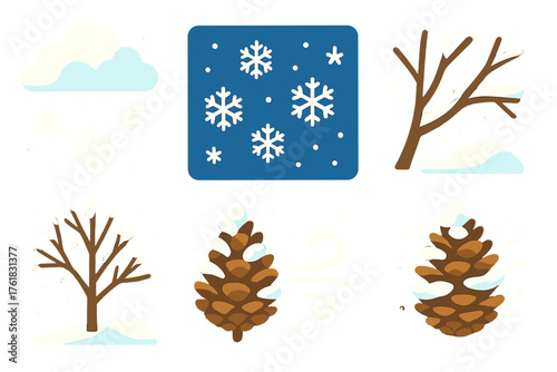 Winter Precipitation Snowfall flat icons: drifting flakes, cloudy sky, frosted branch, snowdrift, soft flurry, frozen tree, pinecone dusted with snow, gentle breeze lines.