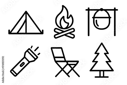 Camping Setup outline icon set: tent icon, campfire, cooking pot, flashlight, folding chair, forest tree.