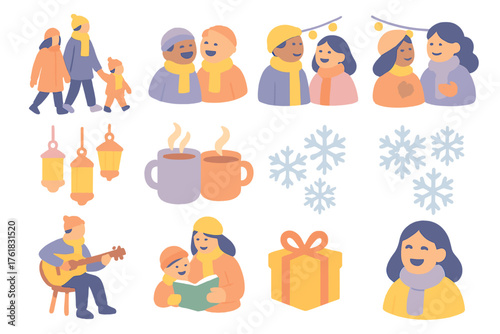 Festive Market Culture Community — Soft Pastel Icons flat isometric set: families walking, children laughing, friends chatting, lanterns glowing, cocoa mugs, snowflakes falling,