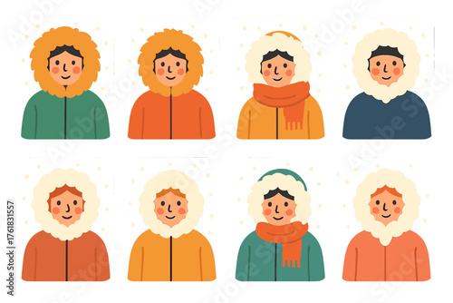 Fuzzy Hoods flat icons: parka with fur, fuzzy lining, snowflake fall, warm coat, wool scarf, rosy cheeks, soft edge, wintry background.