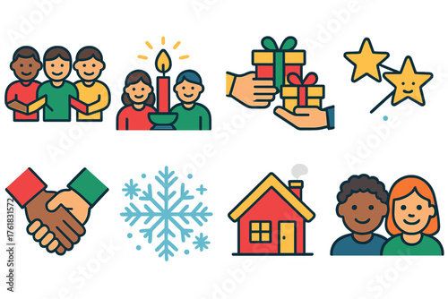 Christmas Unity flat icons: linked arms, candlelight gathering, shared gifts, joined stars, clasped hands, cozy home, snowflake circle, smiling faces.