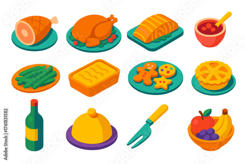 Winter Food Festive — Bright Flat Vector flat isometric set: roasted ham, turkey platter, baked salmon, cranberry sauce, green beans, potato gratin, holiday cookies, mince pie,