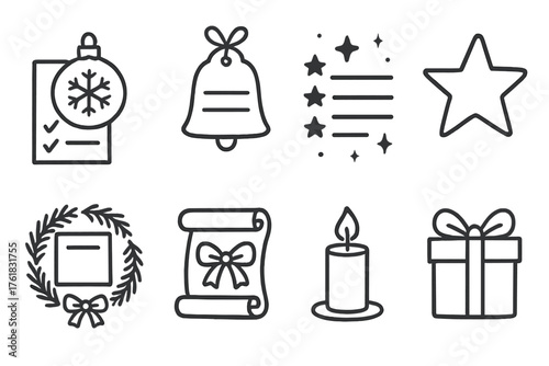 Festive Gift Ideas set of icons in doodle hand-drawn vector style: ornament checklist, bell label, sparkling list icon, star bullet point, pine wreath note, ribbon scroll, candle