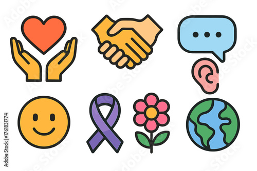 Empathy & Support flat icons: heart, hands, speech bubble, ear, smile, ribbon, flower, globe.