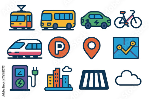 Urban Mobility Hubs flat icons: tram, bus, electric car, bike, train, parking area, GPS pin, route map, charging point, skyline, crosswalk, cloud. , , High resolution, sharp vector