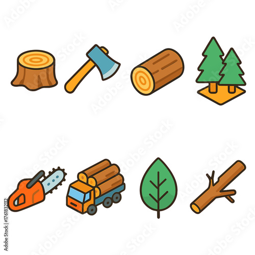 Deforestation flat isometric set: tree stump, axe, log, forest, chainsaw, truck, leaf, broken branch.