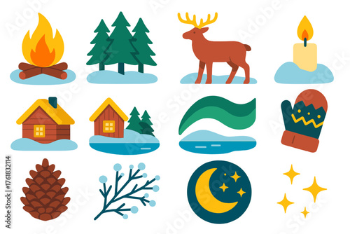 Winter Solstice Rituals Nordic Tradition flat icons: bonfire, pine forest, reindeer, candle in snow, wooden cabin, frozen lake, aurora wave, wool mitten, pinecone, frost branch,