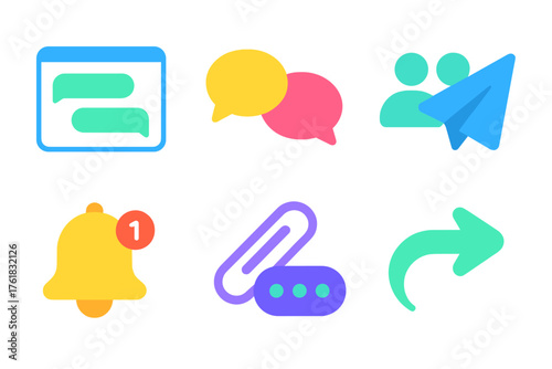 Messaging Threads flat icons: message window, chat bubbles, group icon, send arrow, bell notification, paperclip, typing dots, reply symbol.