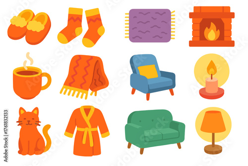 Winter Footwear Home — Warm Flat Icons flat icons: fuzzy slippers, wool socks, soft rug, fireplace, hot drink, knit blanket, lounge chair, candlelight, pet nearby, robe, comfy