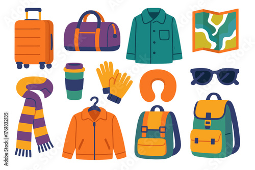 Outerwear Essentials Travel — Vibrant Flat Vector flat icons: rolling suitcase, duffel bag, folded coat, map, travel mug, gloves, neck pillow, sunglasses, scarf, jacket on hanger,