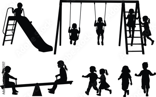 Children playing outdoors, playground fun, slide and swing activity, seesaw interaction, social movement, silhouette artwork, cad drawing flat vector illustration