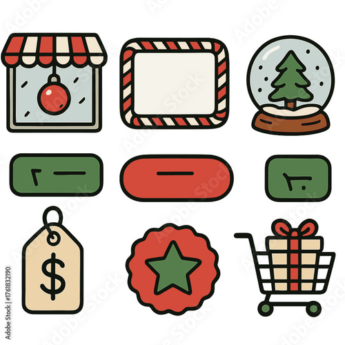 Festive Online Shop set of icons in doodle hand-drawn vector style: ornament display, candy cane border, star rating icons, snow globe preview, gift tag price label, checkout