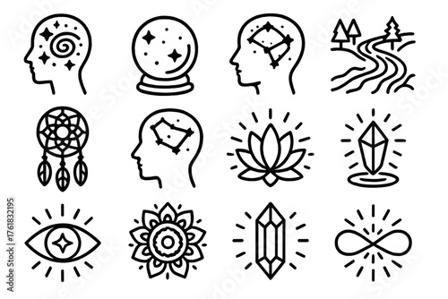 Intuition Creative outline icon set: galaxy in head, crystal ball, fractal spiral, flowing river, dreamcatcher glow, constellation in brain, lotus aura, hologram star, cosmic third