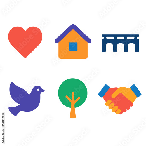 Community leader flat icons: heart, house, bridge, dove, tree, handshake.