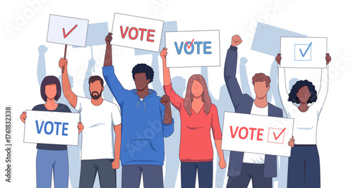 Modern different multi-ethnic people protest holding vote posters vector illustration