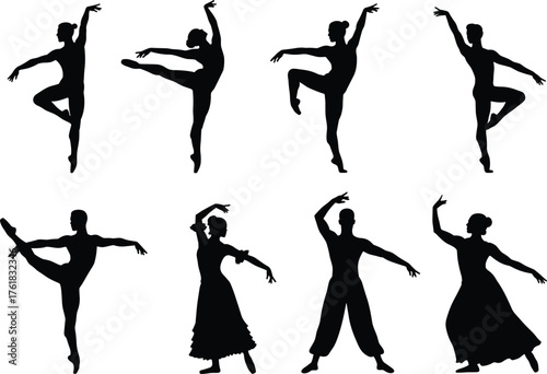 Dance, silhouette, ballet, folk, pose, gesture, movement, performance, costume, elegance, tradition, black, vector, illustration, flat, cad, drawing, classical, expressive, art, stage, culture