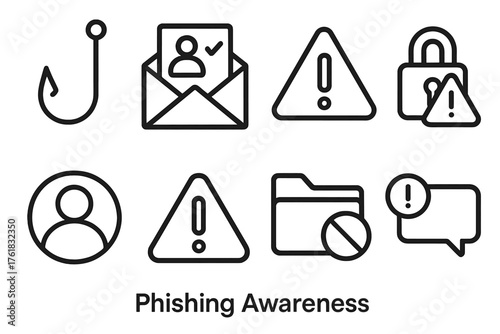 Phishing Awareness outline icon set: phishing hook, fake email, exclamation mark, lock with warning, user profile, warning sign, spam folder, alert message. , , High resolution,