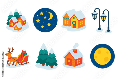 Festive Scenes flat isometric set: winter village, starry sky, decorated homes, glowing lamp posts, sleigh ride, snowy trees, cozy house, full moon.