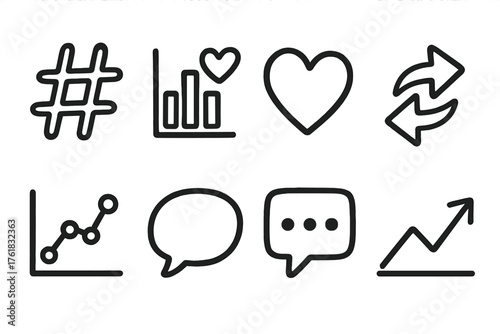 Social Media Insights set of icons in doodle hand-drawn vector style: hashtag symbol, engagement chart, like heart, share arrows, follower graph, message bubble, comment icon,