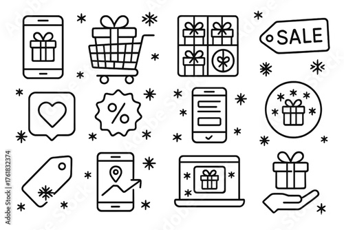 Mobile Holiday Shopping outline icon set: gift catalog screen, festive shopping cart, product grid with ribbons, sale banner, wishlist icon, promo badge, checkout form, snowflake