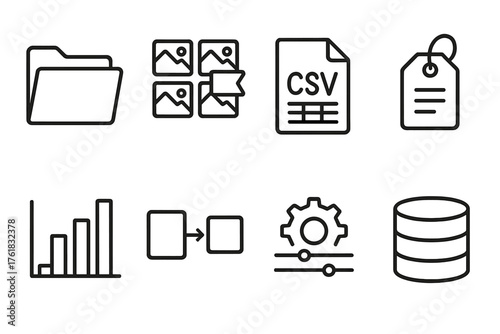 AI Training Data outline icon set: dataset folder, labeled image grid, CSV file icon, annotation tag, feature column chart, input-output pair, data preprocessing icon, structured