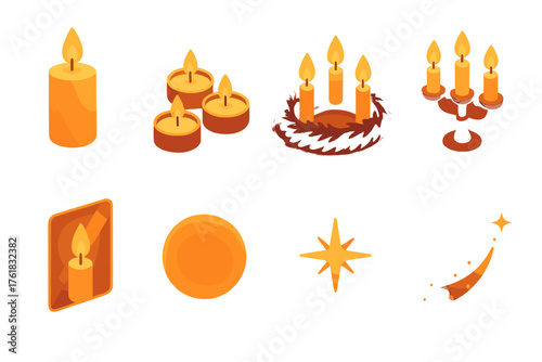 Candlelight Glow — warm duotone set flat isometric set: pillar candle, tealight trio, advent wreath, candelabra, reflection in glass, soft halo, night star, spark trail.