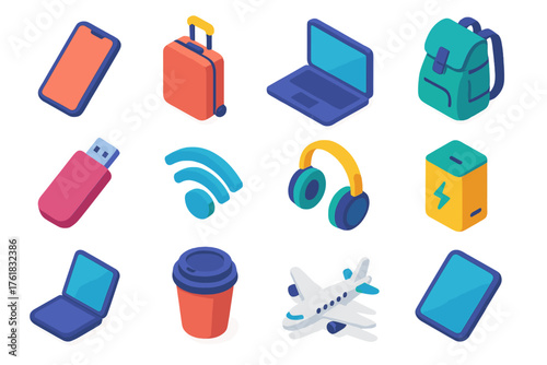 Portability flat isometric set: mobile phone, suitcase, laptop, travel backpack, USB flash drive, wireless connection, headphones, power bank, foldable gadget, coffee cup, airplane