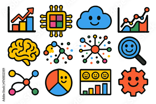 Whimsical Data-Driven Intelligence silhouette set: cartoon graph, colorful chip, smiling data cloud, playful chart, doodle brain, confetti node web, rainbow bars, happy magnifier,