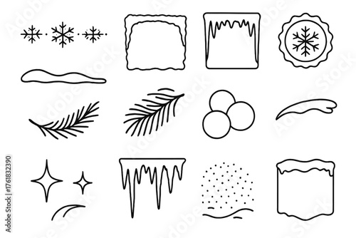 Winter Layout Elements outline icon set: snowflake divider, frosted border, icy frame, winter badge, snow drift shape, pine branch corner, snowball cluster, curved frost line, star