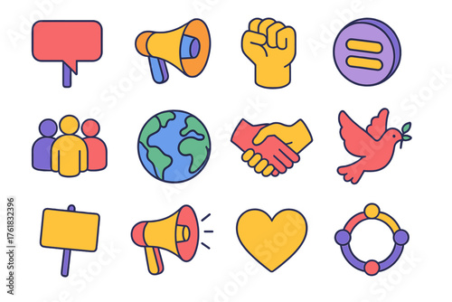 Activism flat isometric set: banner message, loudspeaker, clenched fist, equality sign, group silhouettes, world globe, unity handshake, peace dove, protest board, megaphone shout,