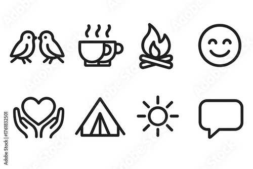 Companionship outline icon set: two birds, tea cups, campfire, smiling faces, heart with hands, tent, sun, chat bubble.