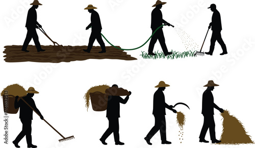 Farming, agriculture, harvest, soil, watering, hoe, rake, sickle, crops, basket, bundle, silhouette, rural, labor, field, planting, gathering, cad drawing, flat vector illustration, black, white, trad