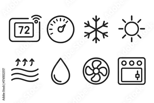 Climate Control outline icon set: smart thermostat, temperature dial, snowflake, sun, air vents, droplet, fan icon, control panel. , , High resolution, sharp vector-like appearance