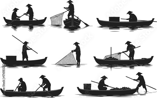 Fishing, silhouette, boat, net, paddle, gear, water, reflection, tradition, labor, conical hat, black, vector, illustration, flat, cad, drawing, culture, nature, activity, rural, livelihood