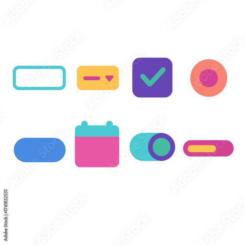 Mobile Forms flat icons: text input field, dropdown menu, checkbox, radio button, submit button, date picker, toggle switch, progress bar.
