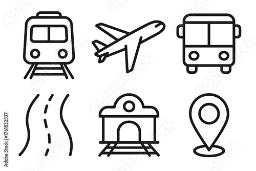 Transport hub outline icon set: train, airplane, bus, road, station, map pin.