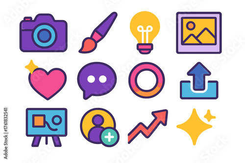 Creative Follower Growth flat icons: camera icon, paintbrush, idea bulb, photo post, sparkle heart, comment icon, story circle, upload arrow, design board, follower badge, trend