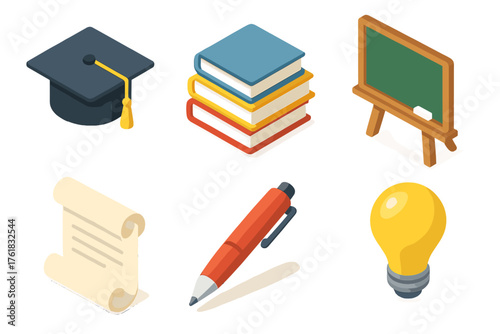 Academic contents set icons in modern isometric flat vector style: graduation cap, stack of books, chalkboard, scroll, pen, light bulb.
