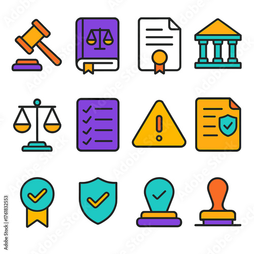 Regulations flat icons: gavel, law book, document, certificate, courthouse, scales, checklist, warning sign, policy paper, approval seal, shield, official stamp.