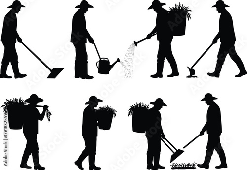 Gardening, farming, harvest, hoe, watering, basket, plants, silhouette, rural, labor, tools, soil, hose, can, inspect, teamwork, cad drawing, flat vector illustration, black, white, agriculture, tradi