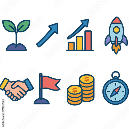 Growth Strategy flat icons: plant sprout, upward arrow, bar chart, rocket, handshake, goal flag, coin stack, compass.
